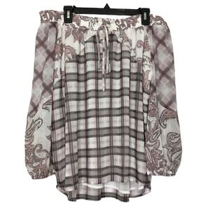 LOFT Womens Small Plaid Paisley Mixed Print Off the Shoulder Blouse Pink Gray